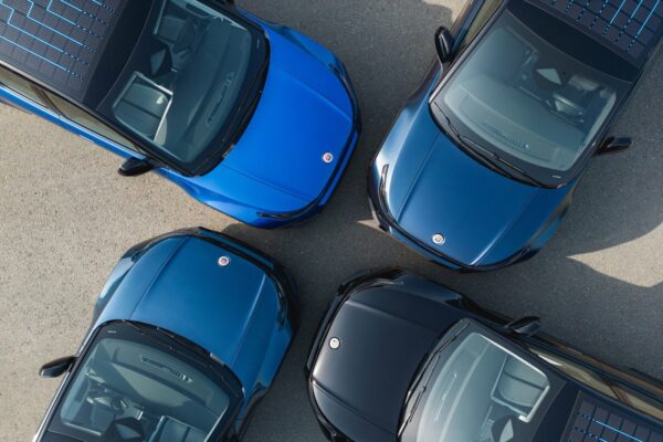 Fisker Ocean SUVs arranged in a pattern, overhead view