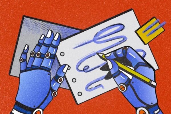 robot drawing on paper. technology for programmatic advertising