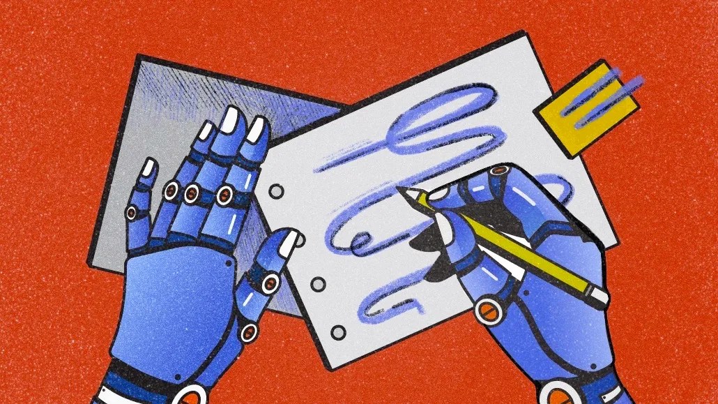 robot drawing on paper. technology for programmatic advertising