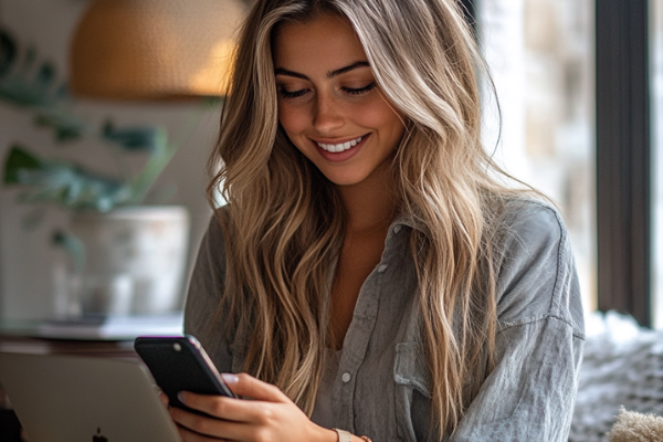 young woman types on her phone in a home office to illustrate habits to help create content consistently