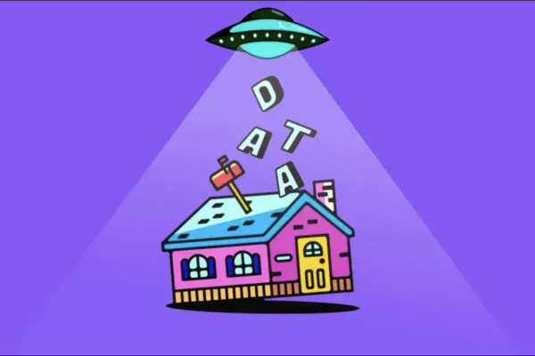 alien ship picking up the letters d a t a. representing martech, data clean rooms and digital advertising.