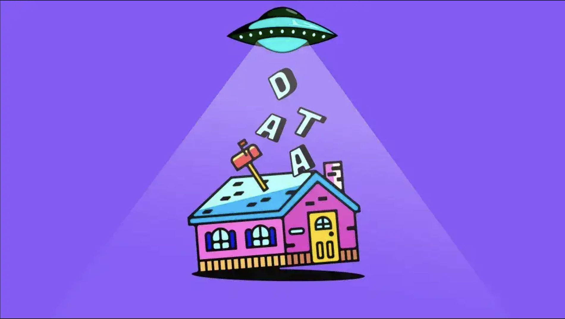 alien ship picking up the letters d a t a. representing martech, data clean rooms and digital advertising.
