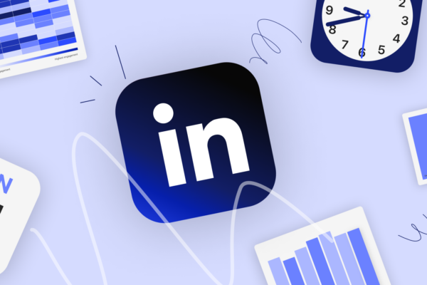 A calendar, clock, graph, and LinkedIn icon to illustrate the best time to post on LinkedIn
