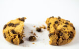 A homemade chocolate cookie with a bite and crumbs on a white background