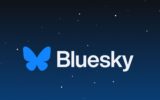 Bluesky logo (a butterfly) on a field of stars