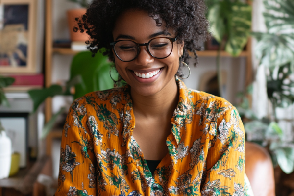 A woman smiling while looking at her phone to illustrate posting a link on Instagram stories