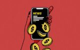 a graphic image of a hand holding a phone that shows a news publication with money coming out of the phone. Representing advertising in news publications.