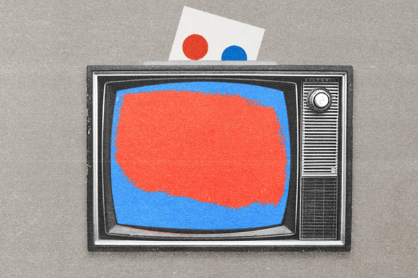 A tv with a 'ballot' going in from the top. The screen is blue and red representing the democratic and republican parties. The image represents political advertising using CTV, contextual and geo targeting.