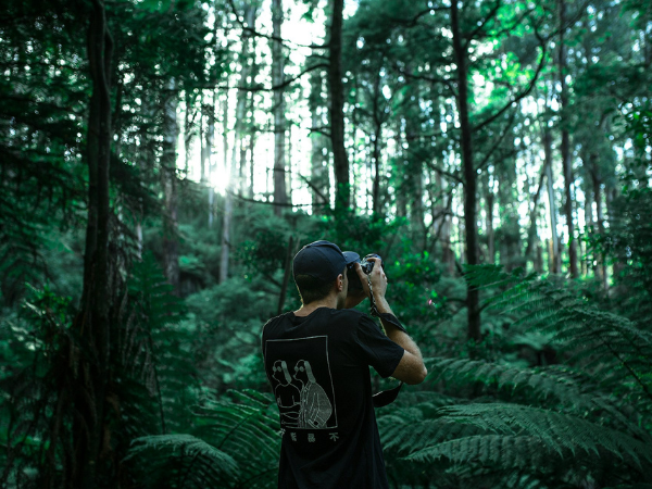 Man taking a photo in a camera in a lush forest to illustrate creating content for Instagram account