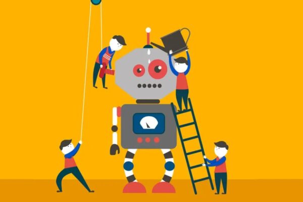 Graphic image of 4 people building a giant robot. Meant to represent the technology of DSPs and automation.