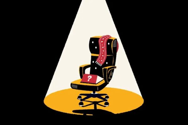 An illustration of a black office chair under a spotlight, symbolizing the challenges brands face in managing identity solutions amid signal loss, privacy regulations, and fragmented ecosystems. The chair features a red scarf and a folder with a white question mark, representing the need for adaptable and composable identity frameworks in a complex digital landscape.
