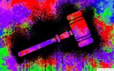 Concept illustration depicting messy litigation with an illustrated gavel on a multicolored background