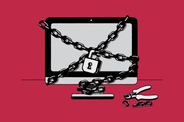 A computer wrapped in chains with a lock, symbolizing the threat of malware and the need for security in digital advertising, highlighting the importance of protecting consumers and brand safety.