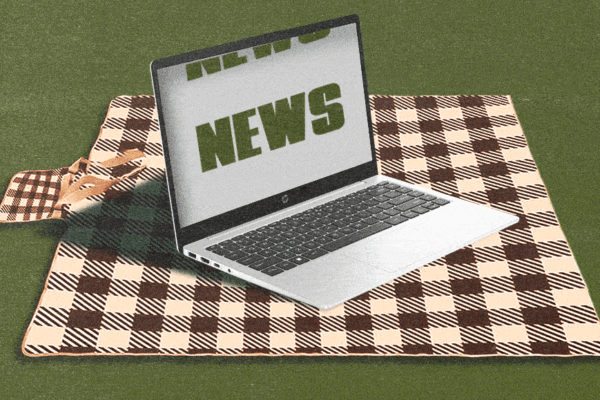 GIF of a laptop on a picnic blanket with scrolling news headlines, representing advertisers' role in supporting reliable journalism and aligning with reputable news publishers.