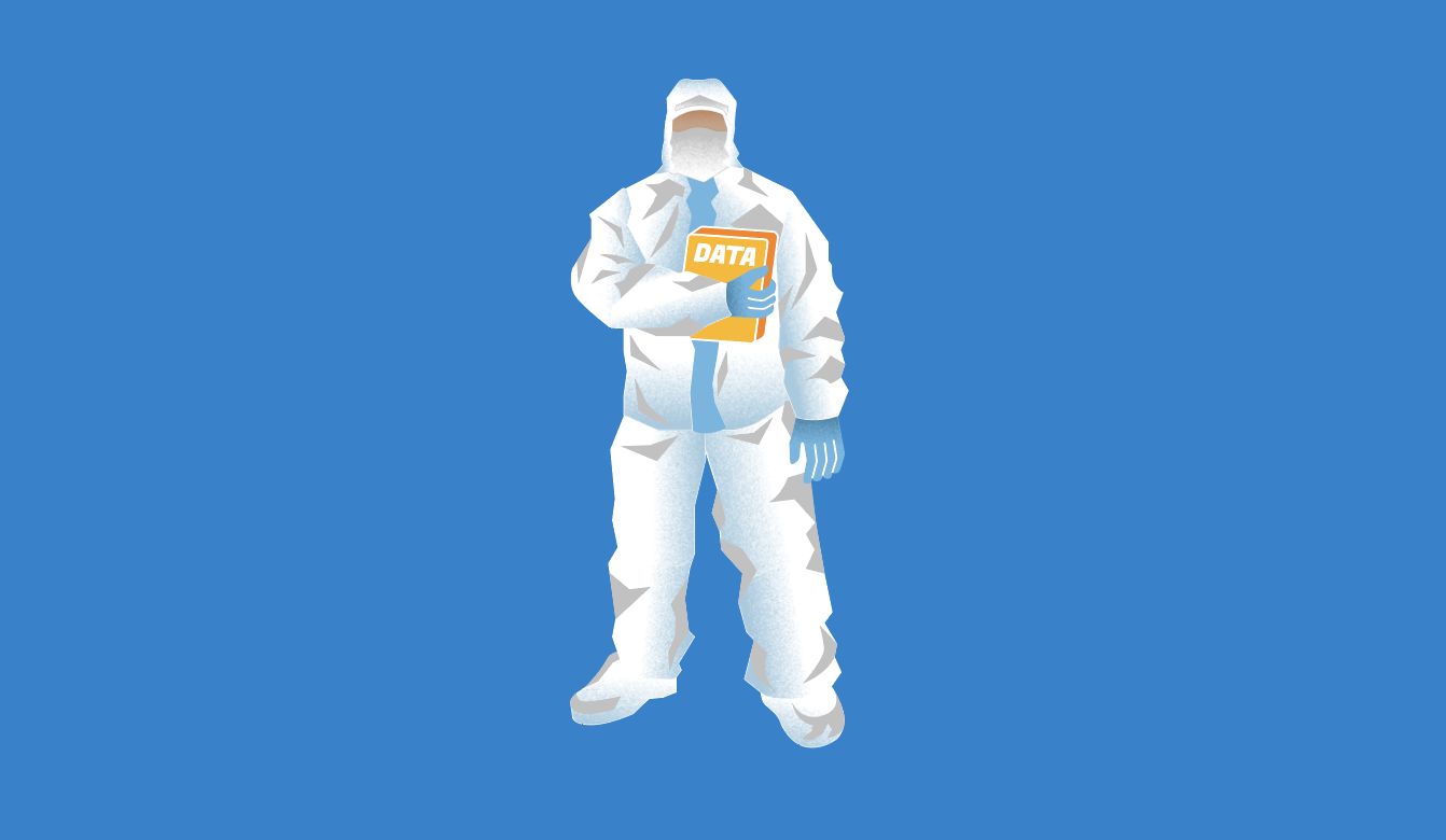 A man in a hazmat suit holding a book labeled "Data," symbolizing the secure and meticulous handling of data in commerce media networks through clean rooms.