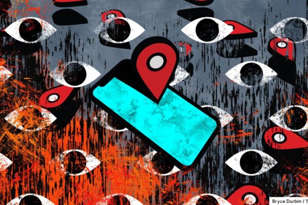 An illustration of a blue-lit phone with a location pointer over it, on a background of red and blue moving eyes.