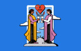 Illustration of Tarot card with cups and a heart.