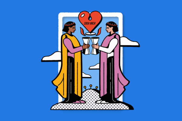 Illustration of Tarot card with cups and a heart.
