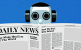 GIF of a robot reading a newspaper, symbolizing deep learning’s role in analyzing data and transforming advertising strategies