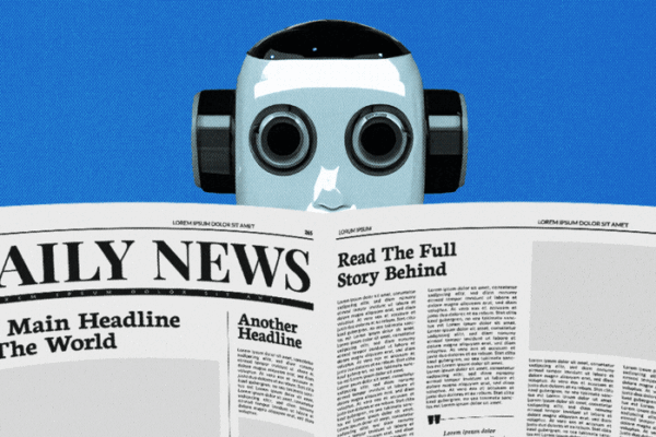 GIF of a robot reading a newspaper, symbolizing deep learning’s role in analyzing data and transforming advertising strategies