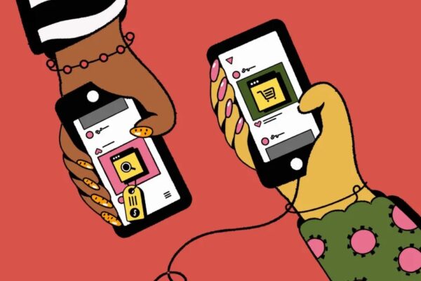 Graphic on a red background showing two hands holding smartphones with shopping cart icons, symbolizing retail media networks harnessing B2B and B2C data to drive consumer shopping.