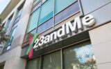 Low-angle view of logo on facade of personal genomics company 23AndMe in the Silicon Valley town of Mountain View, California, October 28, 2018. (Photo by Smith Collection/Gado/Getty Images)