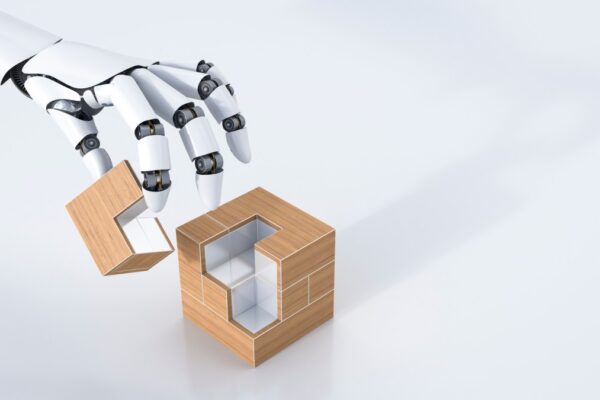 3D Rendering, robot hand assembling cube