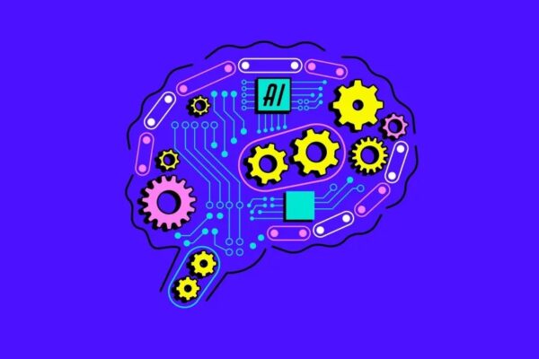 AI-powered mechanical brain with gears and wheels, symbolizing the fusion of artificial intelligence and human emotion in creative advertising.