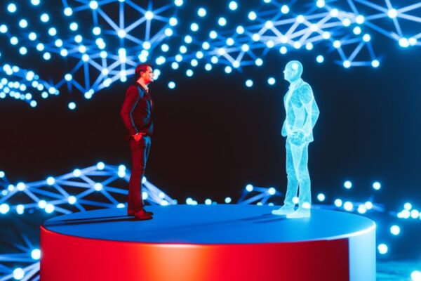 Man standing on a red platform, facing a holographic digital twin of himself. The background features a network of interconnected blue lights, creating a futuristic and high-tech atmosphere. The scene represents concepts of digital twins, virtual reality, and advanced technology.