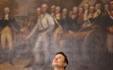 a photo of Elon Musk looking up at the ceiling while standing in front of a historical painting