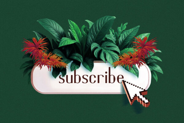 A subscribe button surrounded by lush green and red tropical plants, symbolizing how publishers cultivate and grow loyalty among their subscribers